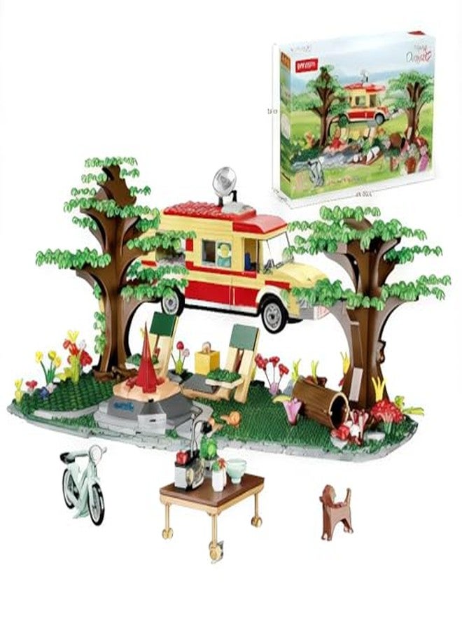 CIRBOX Camper Van Camping Building Blocks Set | Outdoor Picnic Scene with Trees, Firepit, Bike & Accessories | Creative DIY Brick Toy for Kids - Image 4